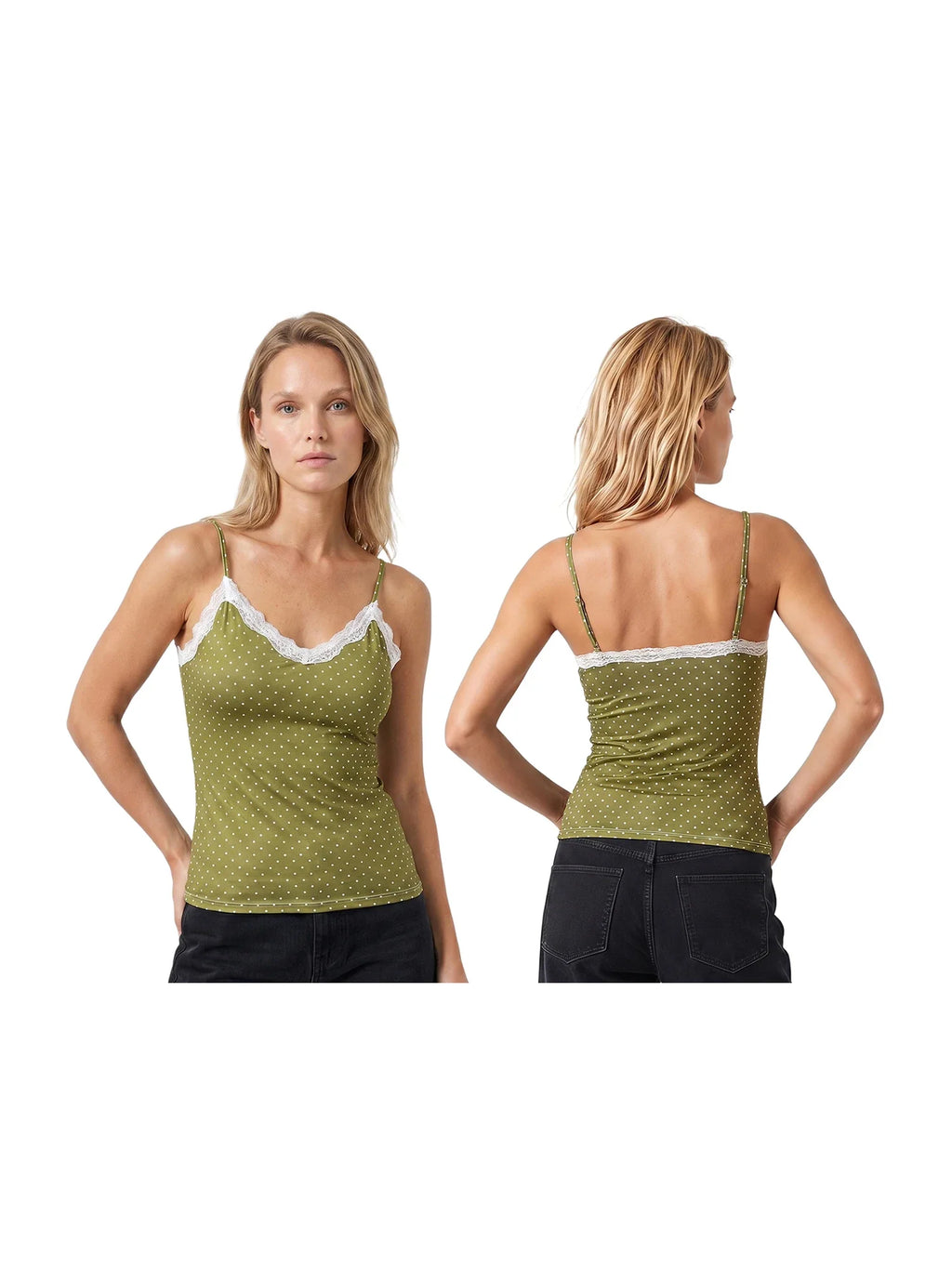 Women Summer Lace Trim Camisoles Sexy Dot Print Slim Fit V Neck Spaghetti Strap Tops
