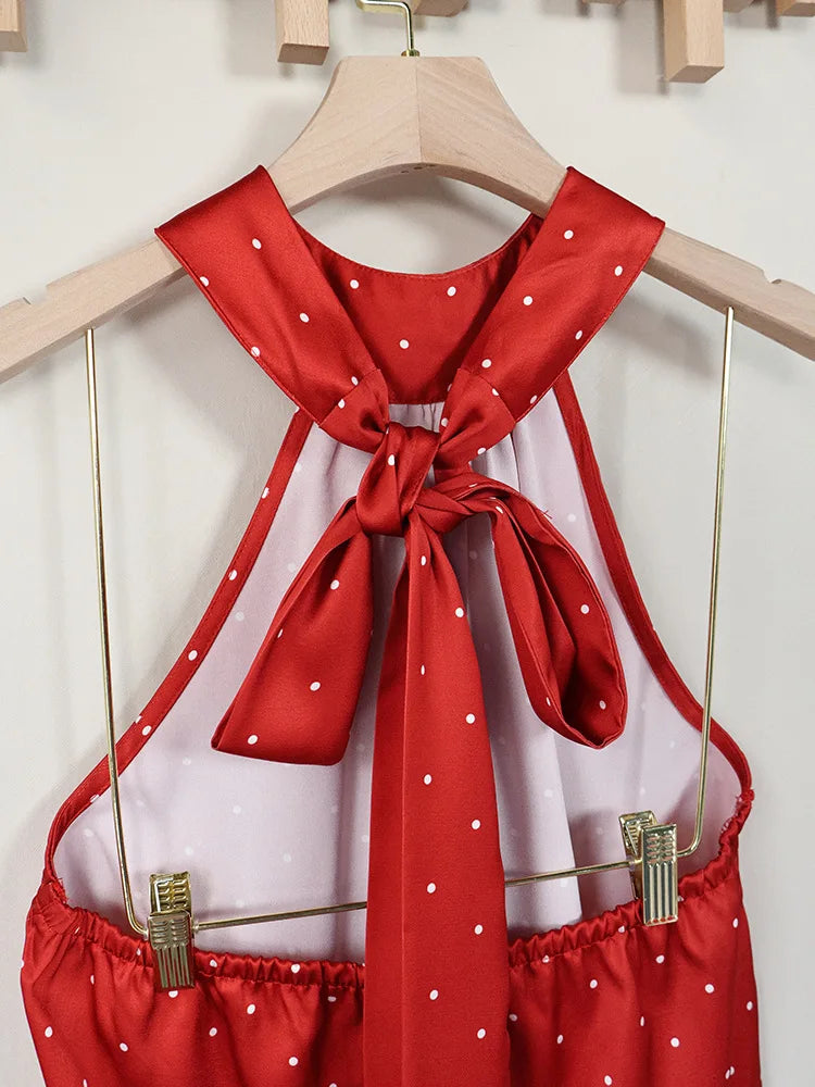 Phantasy Office Lady Polka Dot Tanks Eleghant Halter Black Top Women Sexy Lace up Sleeveless Red Vest 2026 Summer Clothing