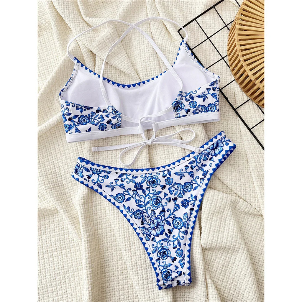 Floral Printed Cross Back Bikini Women Swimwear Female Swimsuit Two-pieces Bikini set Brazilian Bather Bathing Suit Swim K6705