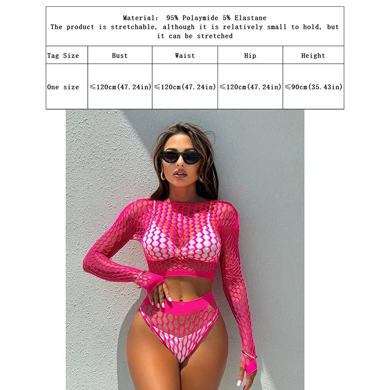 1 Set Women Long Sleeve See-Through Fishnet Cover Up Hollow Out Tassel Bodycon Beachwear Dress