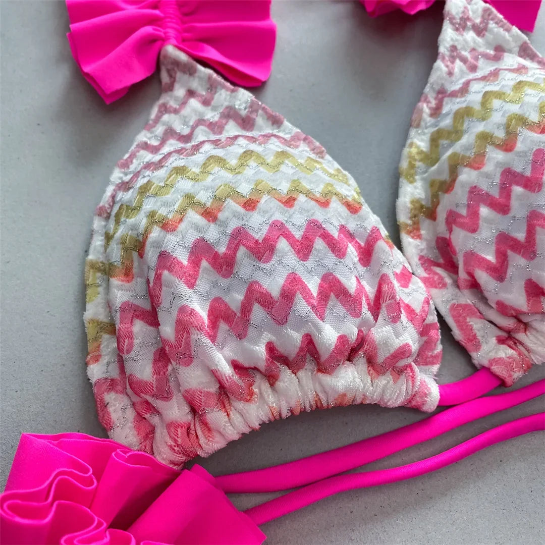 With Skirt Waved Ruffled Frilled Bikini Female Swimsuit Women Swimwear Three-pieces Bikini set Bather Bathing Suit Swim V5235