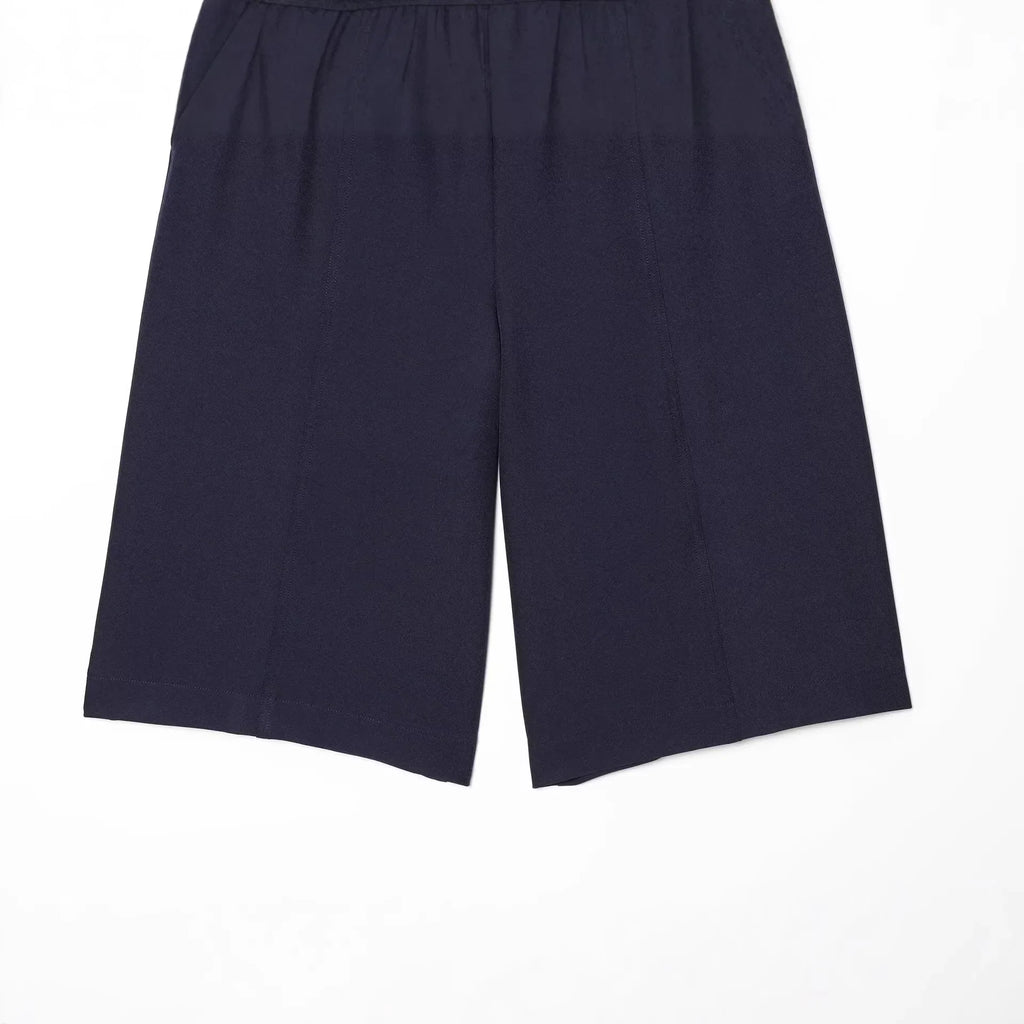 Women's Layered Decorative Waist Casual Shorts Navy Blue Waist Drawstring Wide Leg Knee Shorts Casual Culottes For Women TSP2