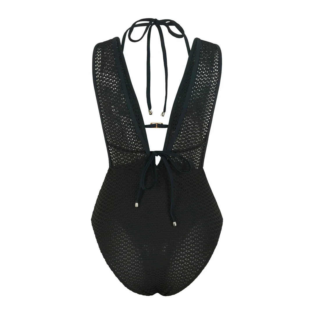 S - XL Deep V Neck Knit Fish Net Mesh Women Swimwear One Piece Swimsuit Female Monokini Backless Bather Bathing Suit Swim V7832