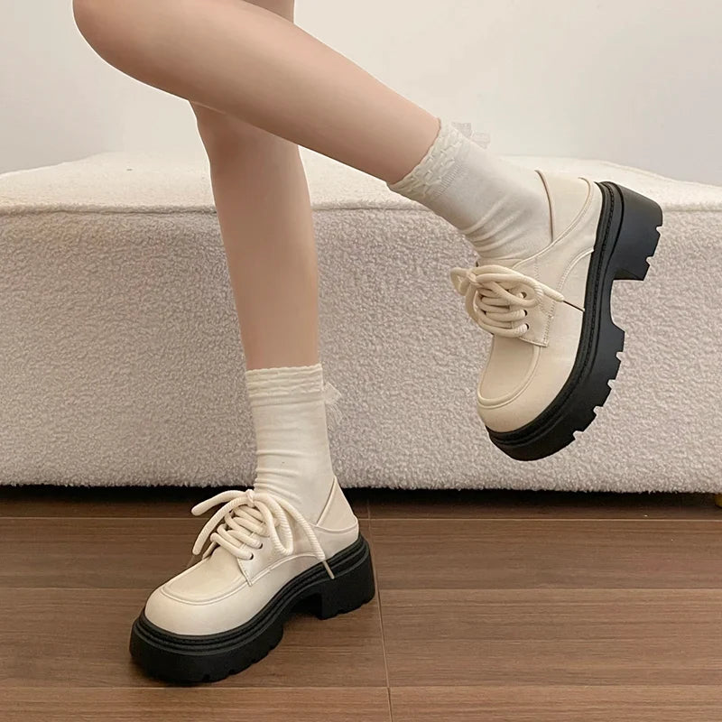 Elegant Lace-Up Platform Loafers for Women 2026 British Style High Heels Oxford Shoes Woman Preppy Style Pu Leather Shoes Female