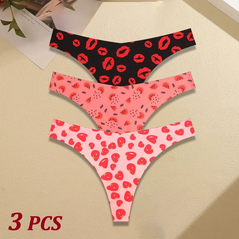 3Pcs Women G-string Seamless Sweet Fruit Thongs Low-waist Panties Ladies Soft Cute Thongs Female S-XL T-Back Panties Underwear