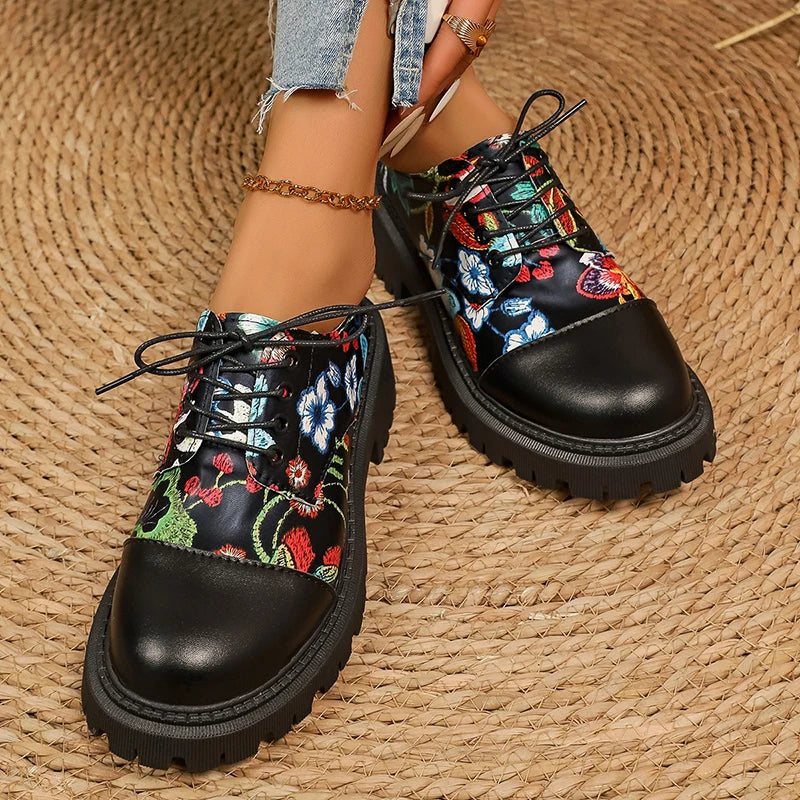 Fashion Printed Platform Oxford Shoes Women Comfortable Plus Size 43 Lace Up Pu Leather Shoes Woman Red Thick Sole Loafers Mujer
