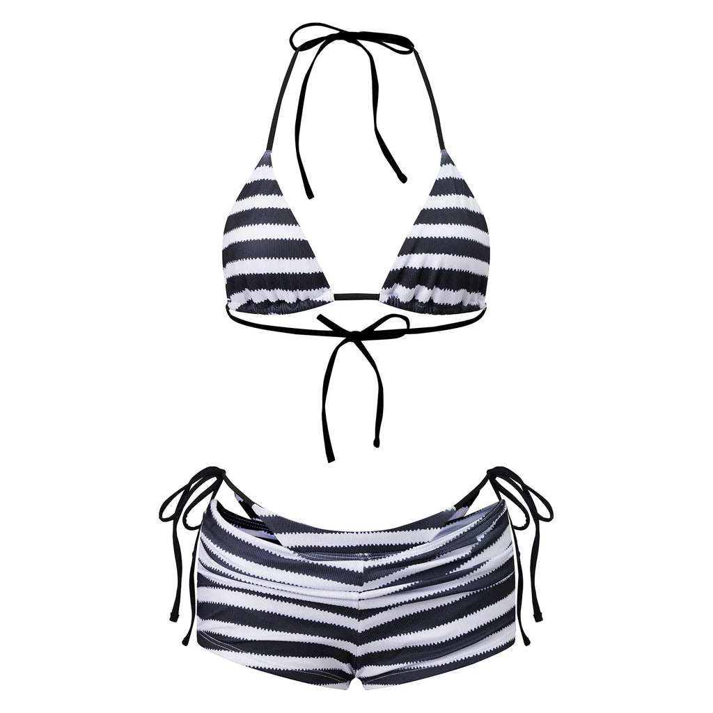 Women Striped 3 Piece Bikini Sets Halter Bra Briefs Shorts for Party Beach Summer Bathing Suit Swimwear