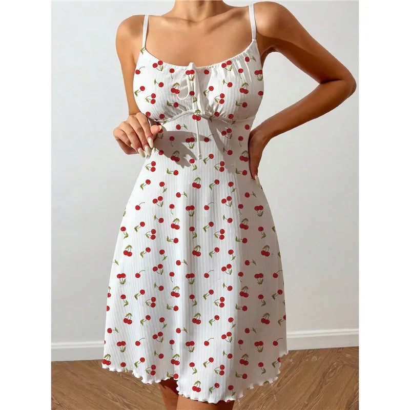 Women's Sexy Nightdress Night Gown Heart Printed Halter Neck Pajamas Mini Dress Casual Sleepshirts Nightdress Sleepwear