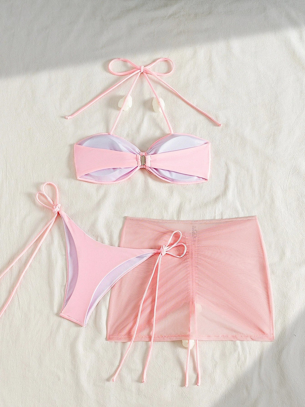 DEKA Solid 3 piece Swimsuit Women Pink Lace-up Sexy Bikini Split Swimsuit