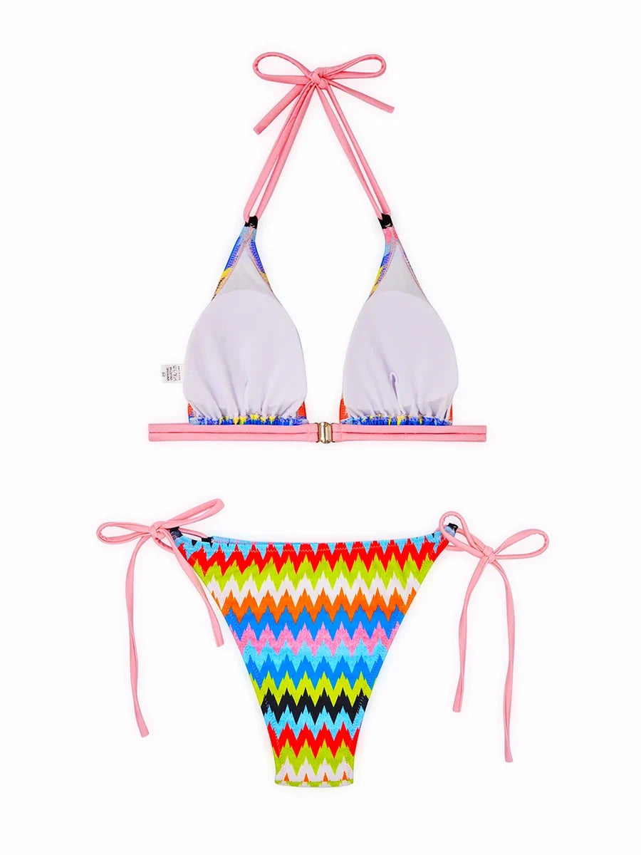 Hollow Out Halter Bikini 2025 Colorful Swimsuit Women Padded Swimwear Female Bathers Bathing Swimming Swim Suit Beachwear