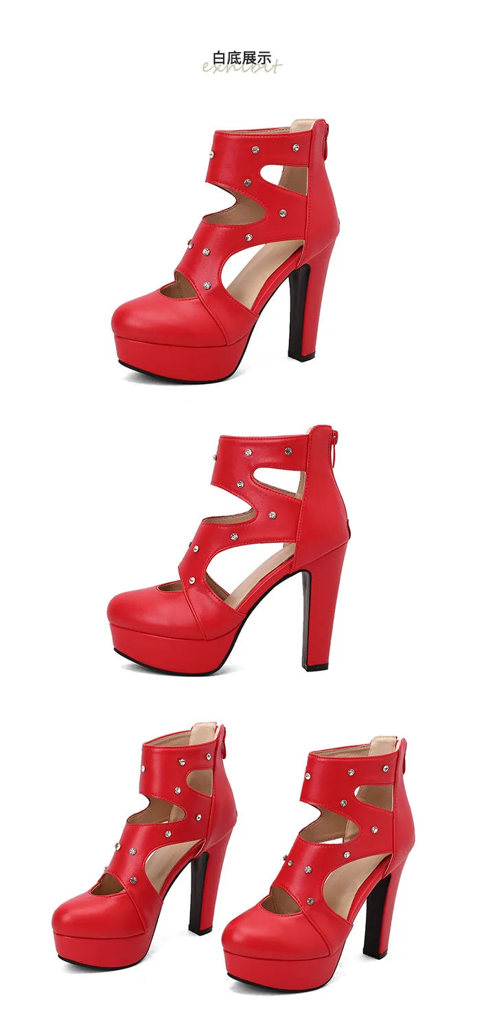 NASBAVI Summer Fashion Women Sandals Round Toe Chunky Heels 12cm Platform 3.5cm Zipper Crystal Plus Size 48 49 50 Party Shoes