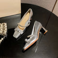 Women's High Heels Mary Janes Square Head Embellished with Water Diamonds Low Cut Knots Thick Heels Fashionable Party Shoes