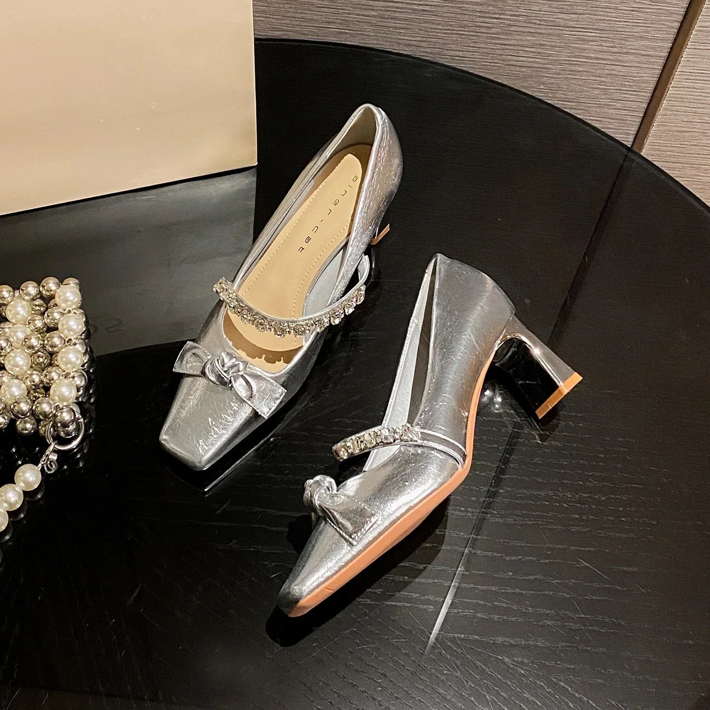 Women's High Heels Mary Janes Square Head Embellished with Water Diamonds Low Cut Knots Thick Heels Fashionable Party Shoes