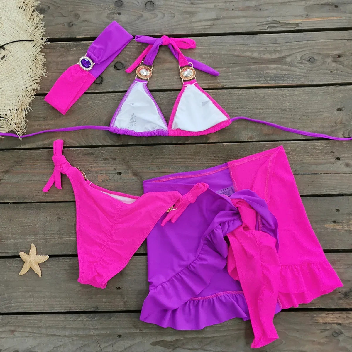 Sexy Skirt 4 Pieces Bikini Set Women Luxury Blue Patchwork Rhinestone Push Up Cover Up Swimsuit 2024 Beach Bathing Suit Swimwear
