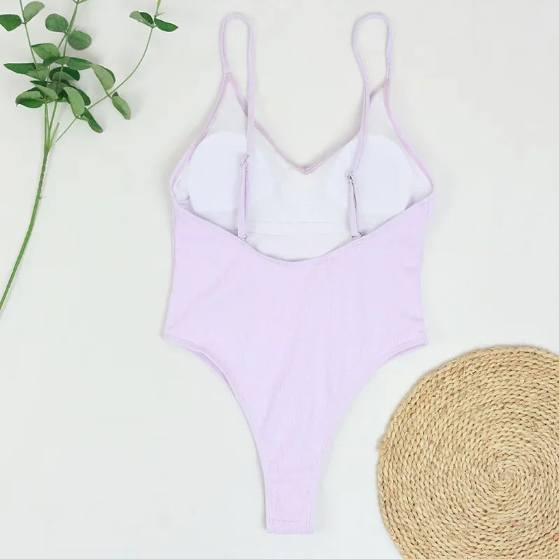 2026 Sexy One Piece Swimsuit Swimwear Women Pit Striped V-neck Backless Retro Solid Beachwear Bathing Suit Maillot De Bain Femme