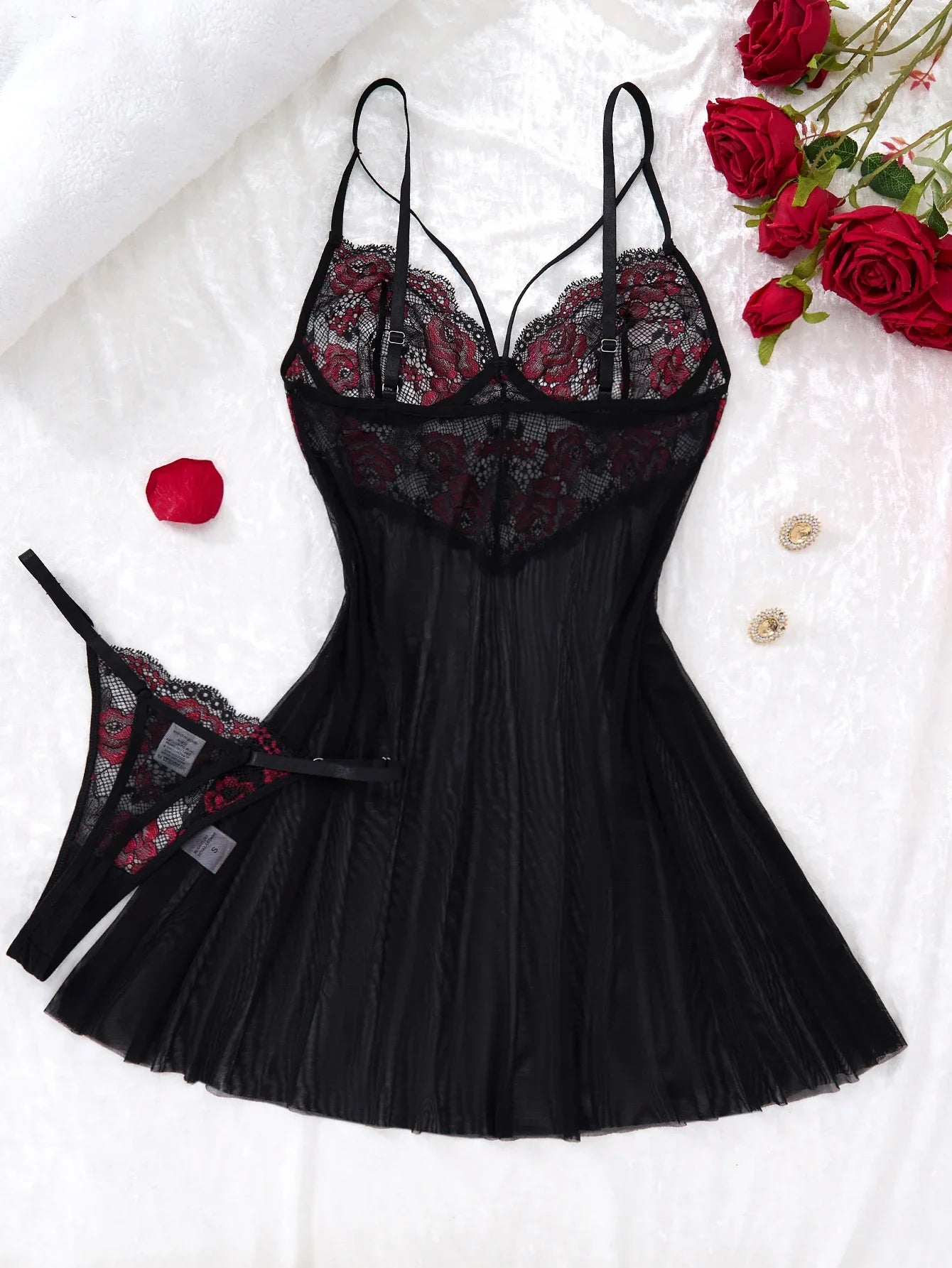 Black and red rose embroidered lace nightgown, sophisticated style deep V netted sheer strapless nightgown thong set ZA825133