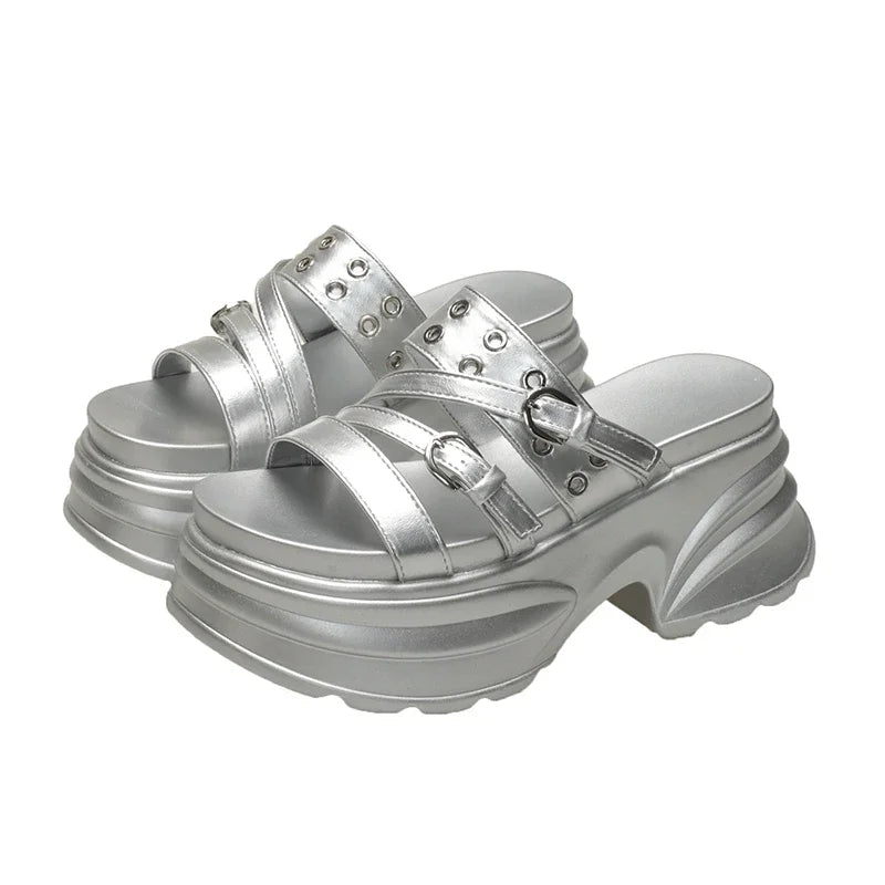 Summer Silver Chunky Platform Sandals Women Fashion Buckle Thick Bottom Slippers Woman Punk Wedges High Heels Sandalias Mujer