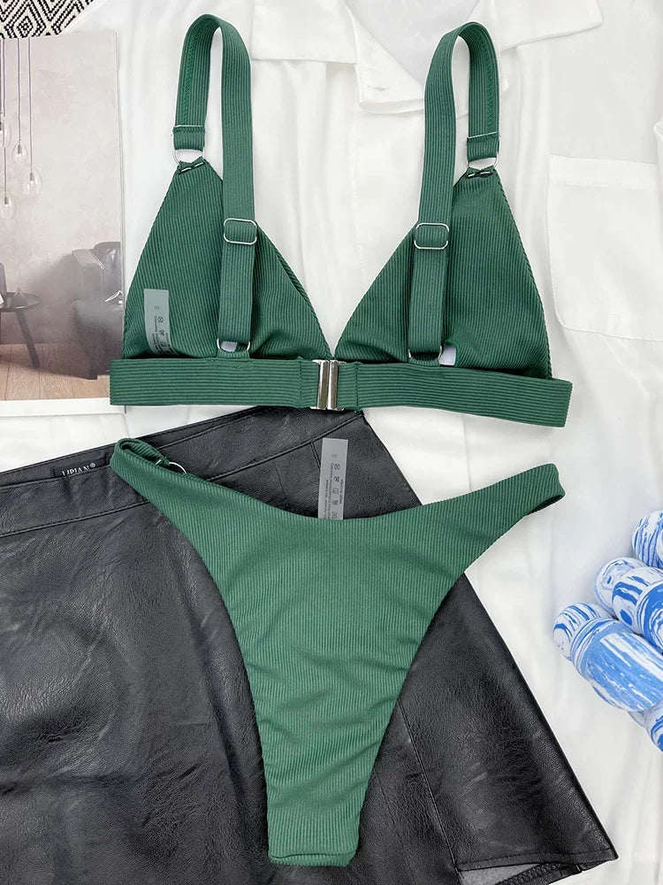 Ribbed Triangle High Cut Bikini Women Swimsuit Female Thong Swimwear Two Pieces Bikini Set Rings Bather Bathing Suit Swim Lady