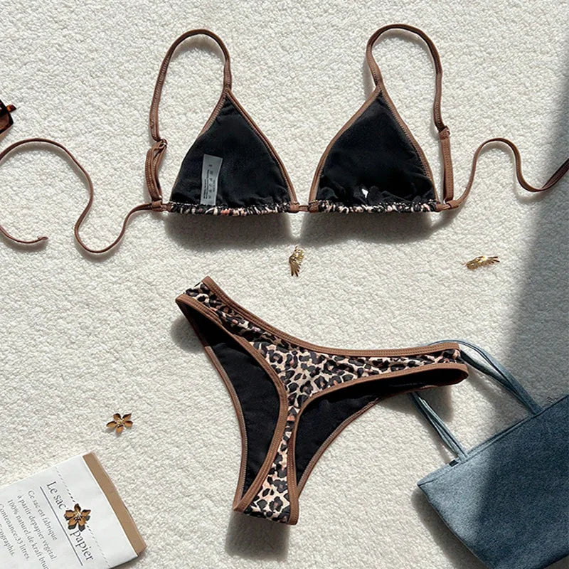 Sexy Leopard Print Bikini 2 Piece Set Women Laced Up Split Swimsuit Low Waist Beachwear 2025 New Summer Swimwear Bikinis Set