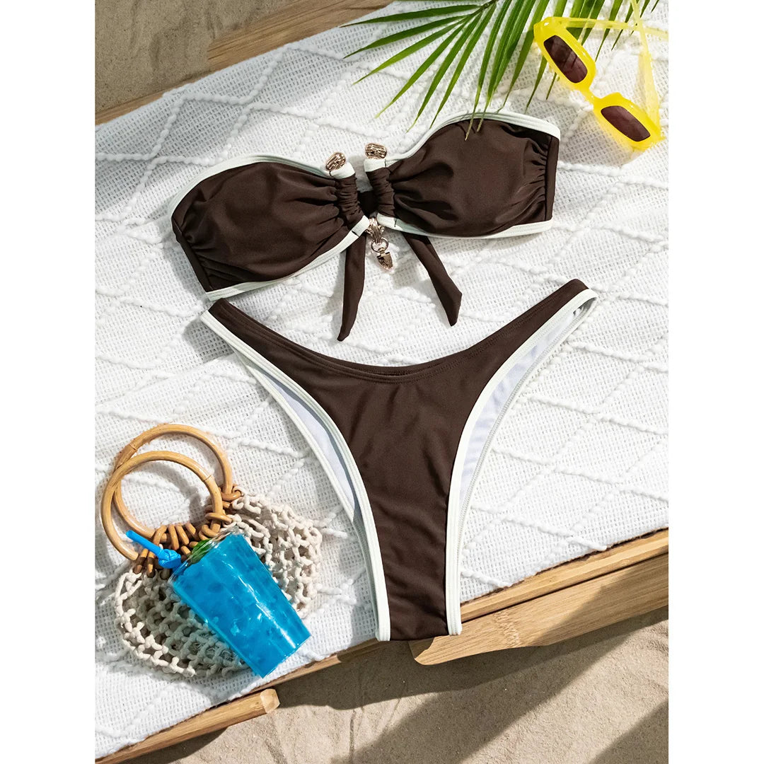 Bandeau Splicing Metal Ring Brazilian Bikini Women Swimwear Female Swimsuit Two-Pieces Bikini Set Bather Bathing Suit Swim V5651