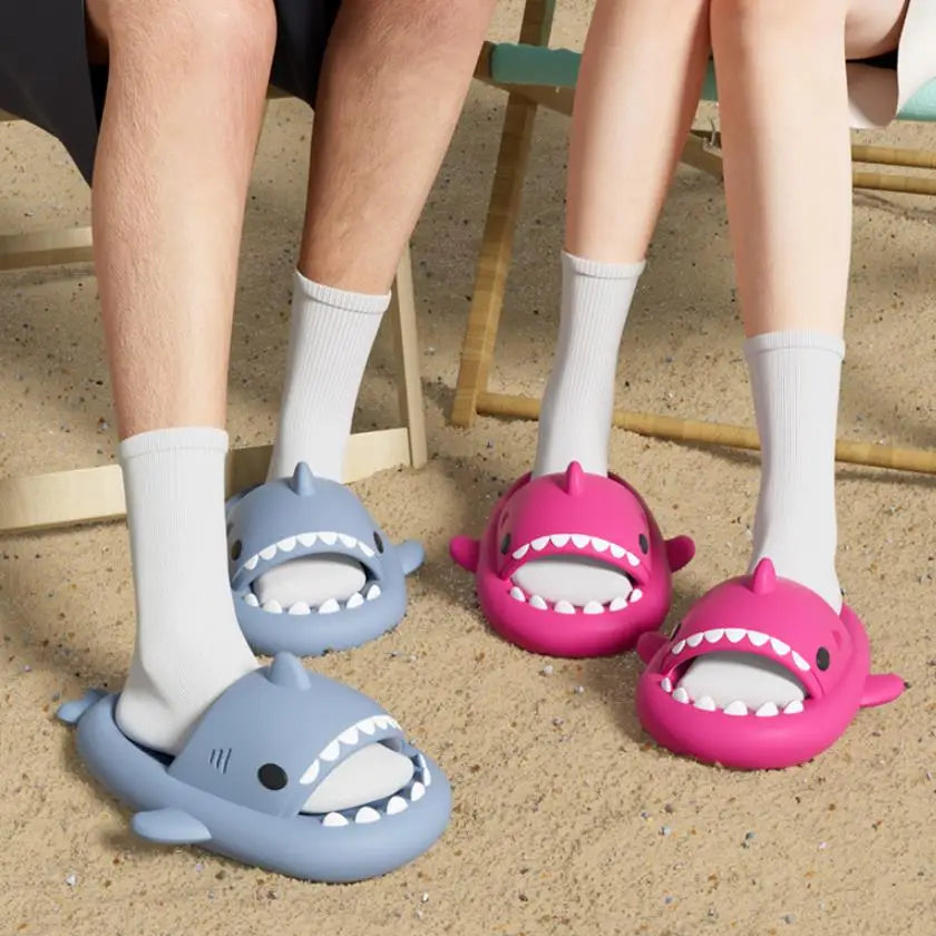 Summer Ice Cream Shark Slippers for Couples Cute Anti-Slip Thick Sole Indoor Bathroom Slides Men Women Beach Street Sandals