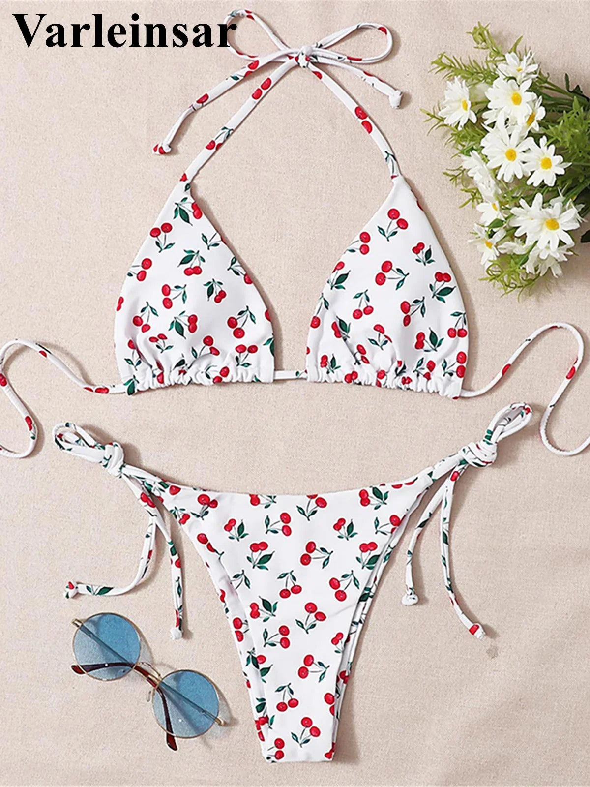 XS - L Cherry Printed Halter Strappy Bikini Female Swimsuit Women Swimwear Two-Pieces Bikini Set Bather Bathing Suit Swim V4894