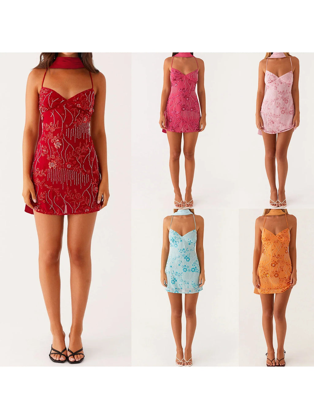 Women's Summer Sequined Flower Embroidery Beaded Bodycon Mini Dress Sleeveless Spaghetti Strap V Neck Night Out Dress with Scarf