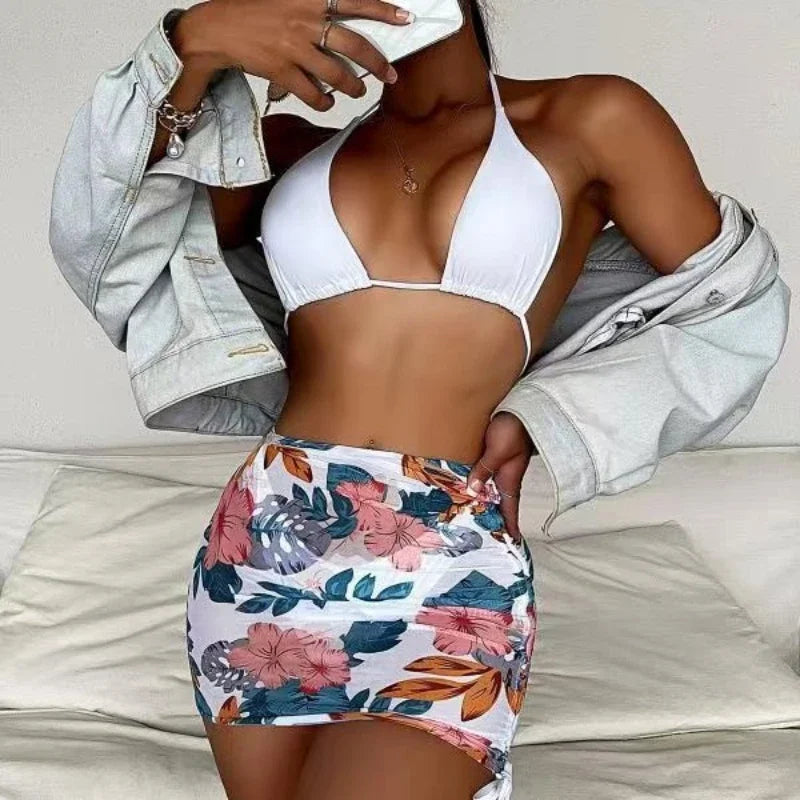 Sexy Three-piece Bikini Set Women Swimwear Swimsuit Triangle Halter Flower Print Skirt Beach Bikinis Set Bathing Suit 2026 New