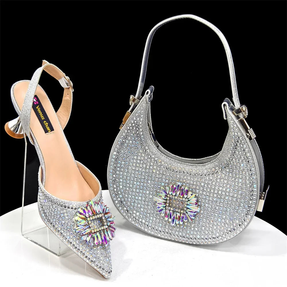 doershow Italian Shoes And Bag Sets For Evening Party With Stones Italian Leather Handbags Match Bags!  HFG1-21