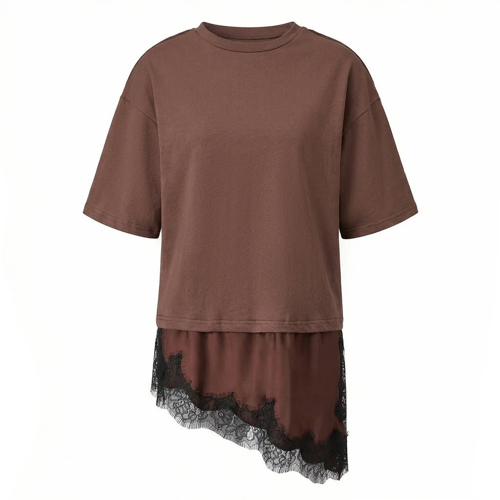 Women 3/4 Length Sleeve Crew Neck Casual Loose Fit Long Tops Summer Lace Patchwork Hem Solid Color T Shirts