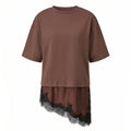 Women 3/4 Length Sleeve Crew Neck Casual Loose Fit Long Tops Summer Lace Patchwork Hem Solid Color T Shirts