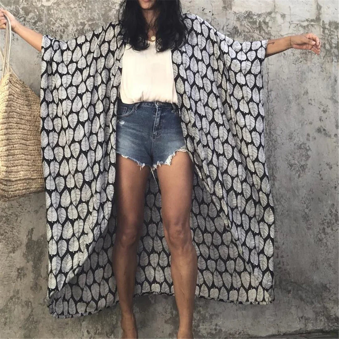 7 Colors Leaves Printed With Belt Half Sleeve Tunic Beach Cover Up Cover-ups Beach Dress Beach Wear Beachwear Female Women V4511