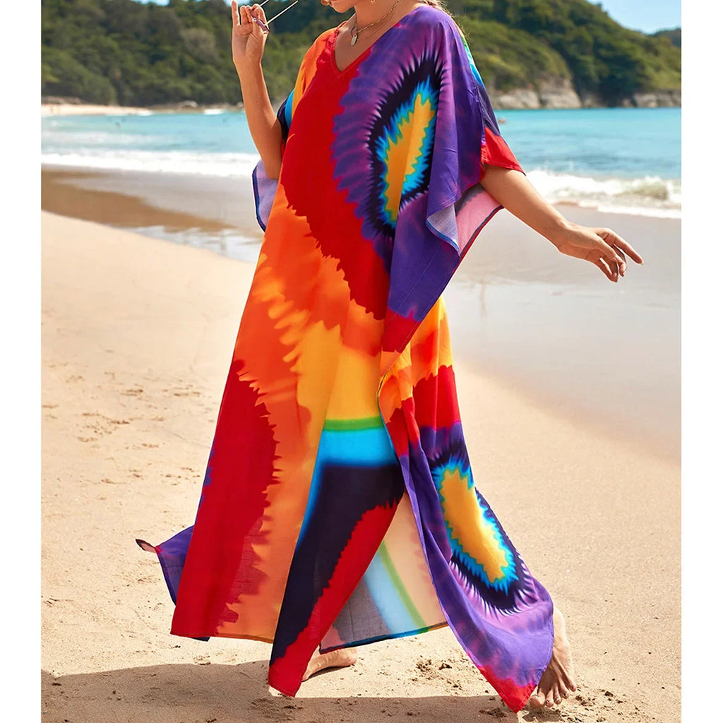 2026 New Colorful Kaftan Tunic Beach Dress Beach Wear Beachwear Beach Cover Up Cover-upsLoose Maxi Dress Female Women V4428
