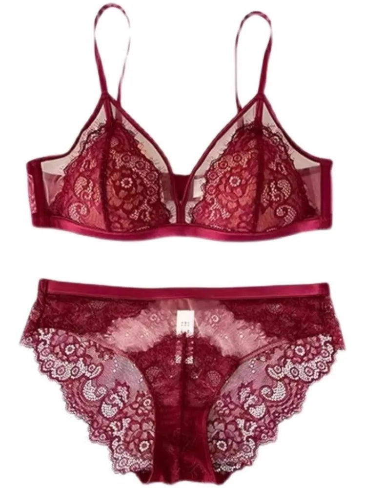 Sexy Red Lingerie for Women - MOYISU Spring Triangle Cup Bra Set, Thin Tight-Fit Bralette with French Lace (CA Sizing 4 Colors)