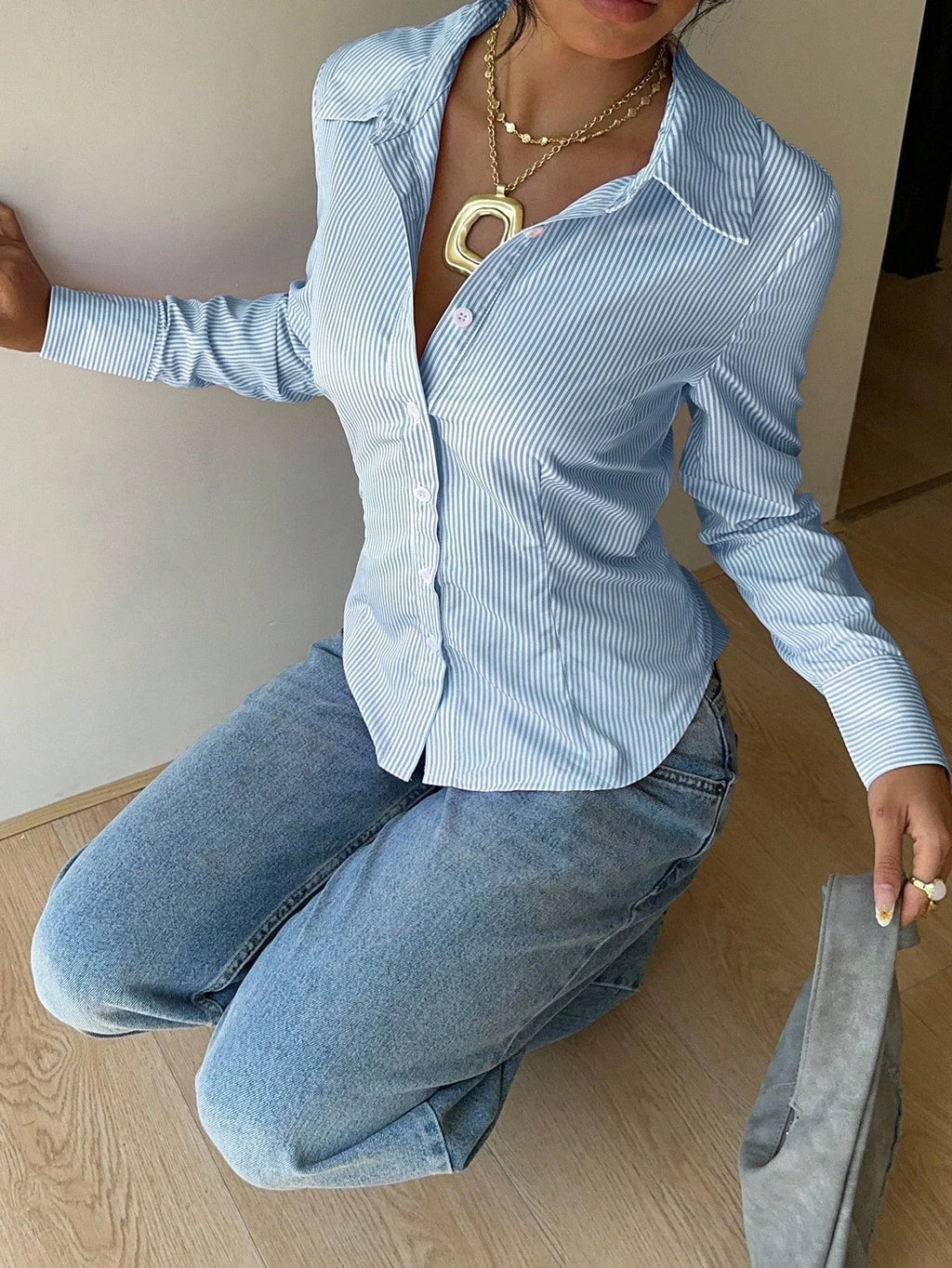Women's Elegant Back Tie Design Long Sleeve Shirt Office Lady Slim Fit Stripe Turn-down Collar Blouse Spring Fall
