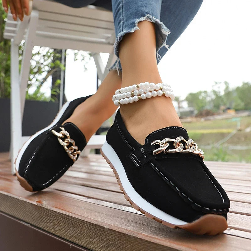 Fashion Metal Chain Soft Sole Flats Shoes Women Spring Autumn Pu Leather Platform Loafers Woman Slip On Non Slip Casual Shoes