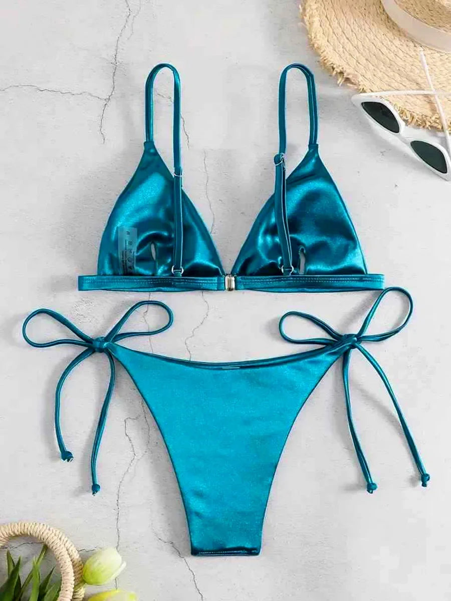 2025 Metallic Satin High Cut Brazilian Bikini Women Swimwear Female Swimsuit Two-pieces Bikini Set Bathing Suit Swim Beach Wear