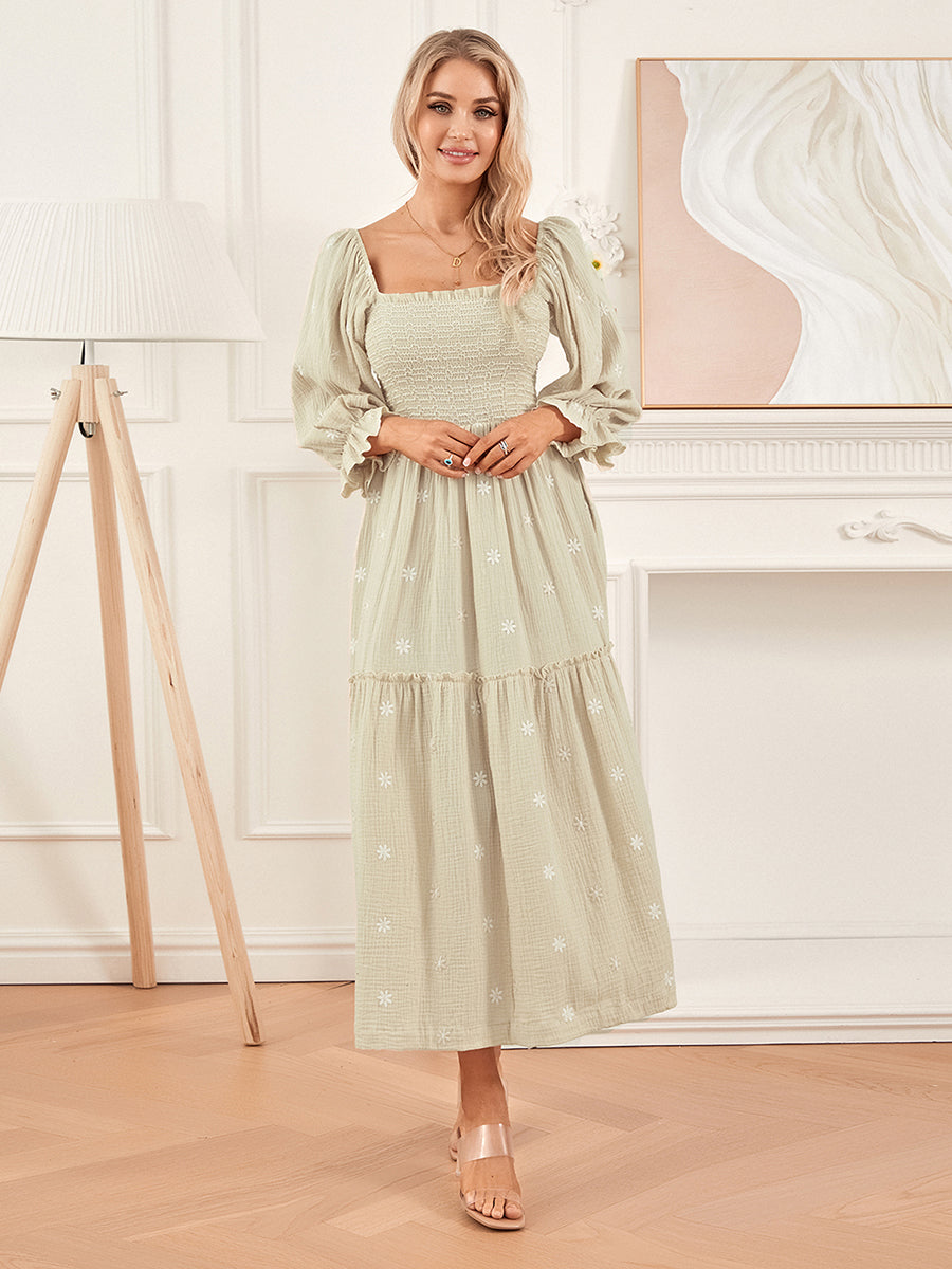 Women Spring Fall Long Dress Long Sleeve Dress Square Neck Embroidery Flower Loose Swing Dress Wit Pocket