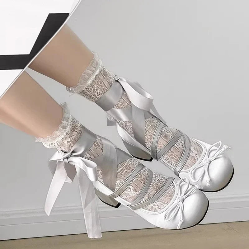 Lolita Cross Strap Pink Round Toe Shoes Ladies Sweet Butterfly Knot Med Heels Mary Janes Shoes Women Fashion Party Shoes Mujer