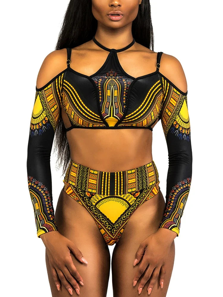 African Print Long Sleeve High Waist Bikini Women Swimsuit Female Swimwear Two Pieces Bikini Set Off Shoulder Bathing Suit Swim