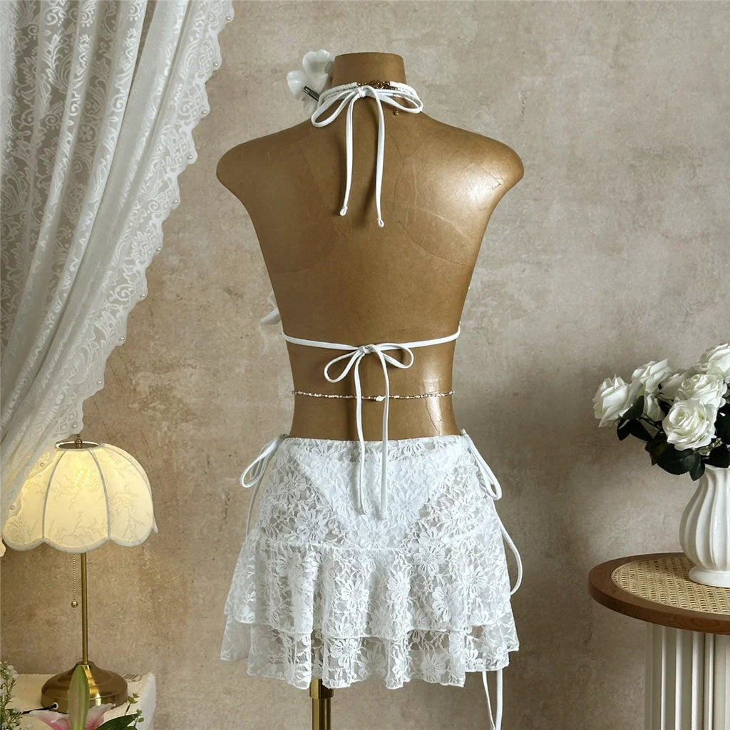 With Skirt Ruffled Frilled Halter Bikini Female Swimsuit Women Swimwear Three-pieces Bikini set Bather Bathing Suit Swim V7788