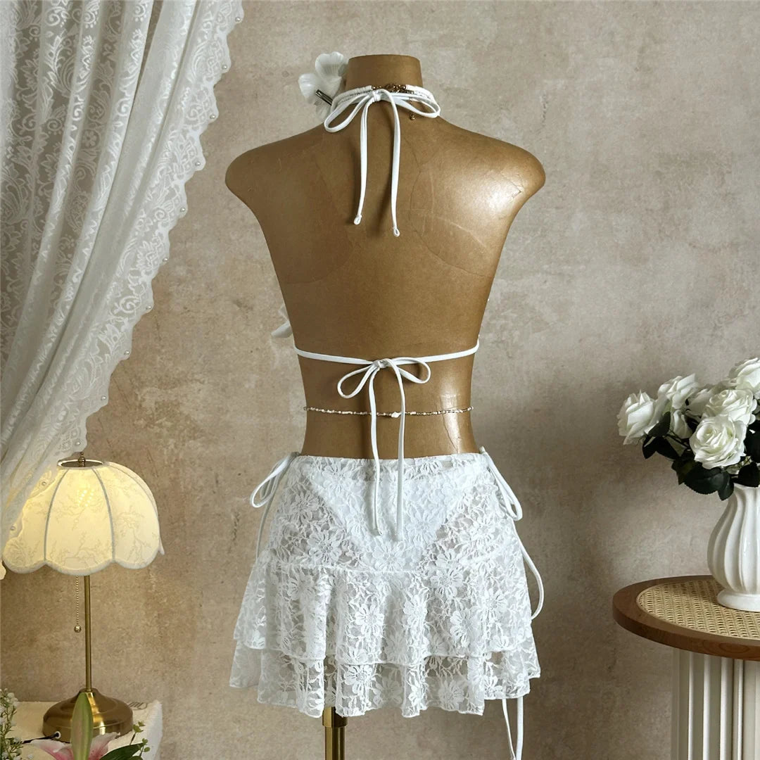 With Skirt Ruffled Frilled Halter Bikini Female Swimsuit Women Swimwear Three-pieces Bikini set Bather Bathing Suit Swim V7788