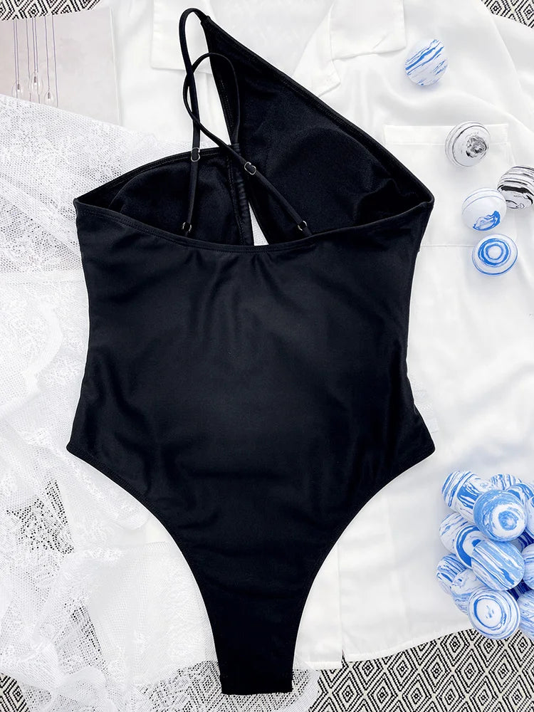 Sexy One Shoulder Tummy Cut Out Monokini One Piece Swimsuit Women Swimwear Female Bather Asymmetric Bathing Suit Swim Beachwear
