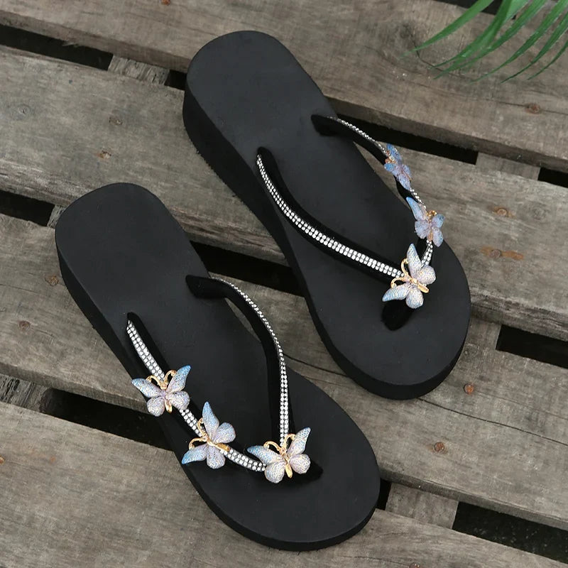 Luxury Crystal Butterfly Wedge Heel Flip Flops Women Fashion Clip Toe Thick Bottom Slippers Woman Summer Beach Non Slip Slides