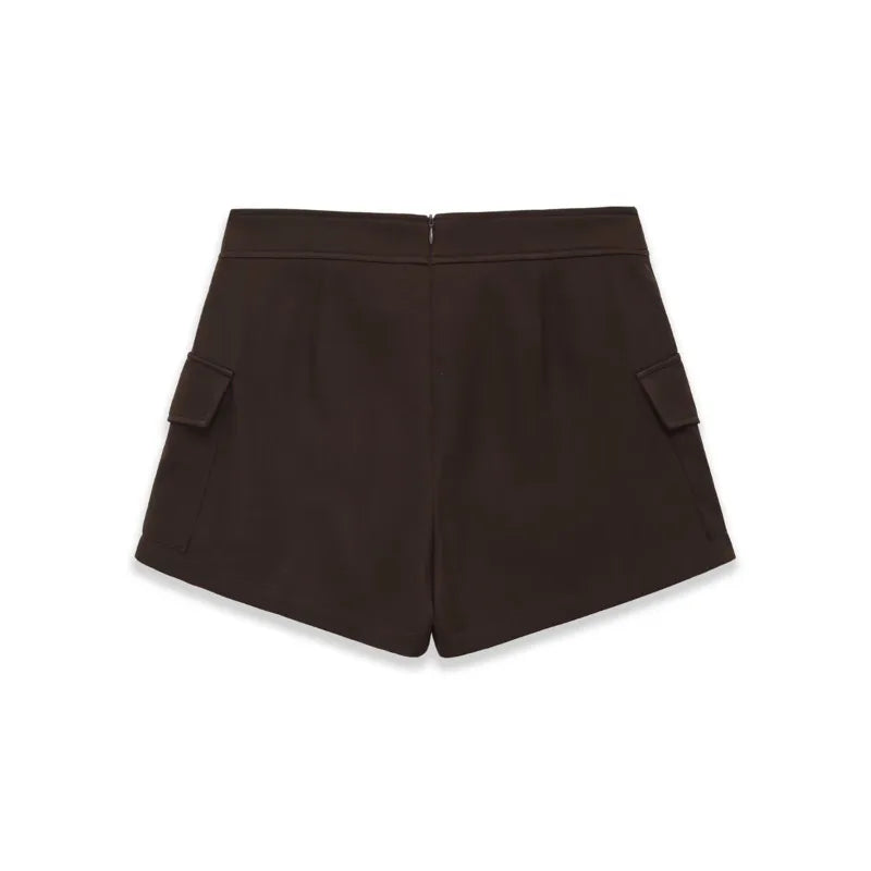 Women's Workwear Skirt-pants Dark Brown Wrap Design Cargo Skort With Pockets For Women High Waist Summer Shorts Elegant 56S3