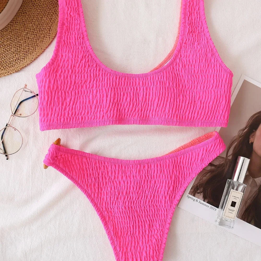 2026 Sexy Bikini Women Swimwear Swimsuit Push Up Rings Decor Pleated Patchwork Bikinis Set Beach Bathing Suit Banadores Mujer