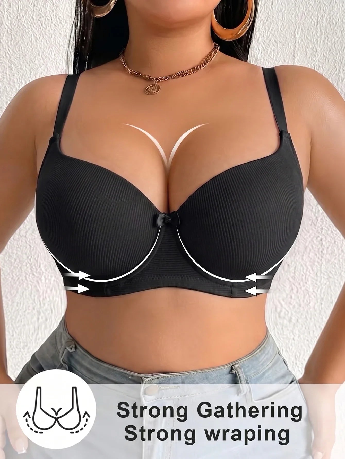 Plus Size Women's B C D Thin Cup Ribbed Push Up Bra Wide Straps Underwire Side gather Lingerie Comfort Ladies Brassiere