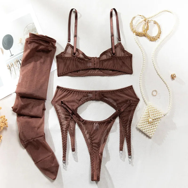 Toucheart Erotic Lingerie Comfortable Mesh Sexy Body Shaping Ultra-thin See-through Sexy Underwear Four-piece Set with Stockings