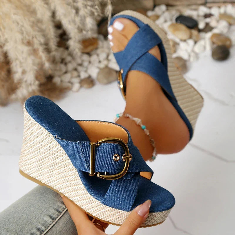 Denim Cross Stap Wedge Heeled Sandals Women Summer Peep Toe Chunky Heel Slippers Woman Plus Size 43 Slip On Platform Sandles