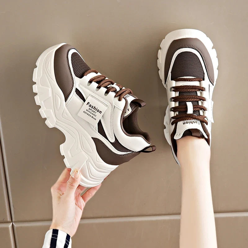 Fashion Lace Up Chunky Sneakers for Women Comfort Breathable Platform Sports Shoes Woman Pu Leather Thick Bottom Running Shoes